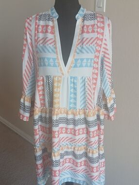 Mazik Tribal Stripe V-Neck Swim Coverup in Coral, Light Blue & Cream
